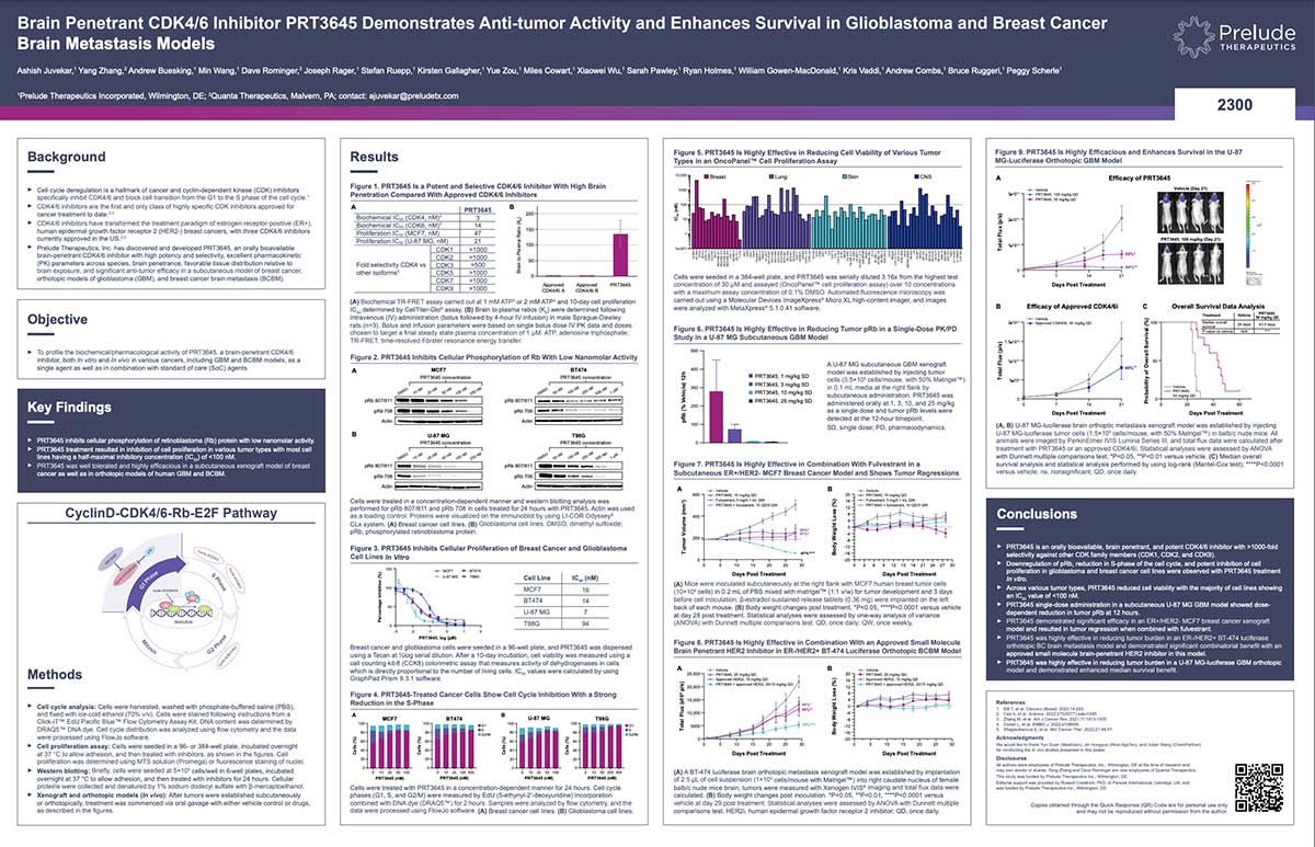 Brain Penetrant CDK4/6 Inhibitor PRT3645 Demonstrates Anti-tumor Activity and Enhances Survival in Glioblastoma and Breast Cancer Brain Metastasis Models